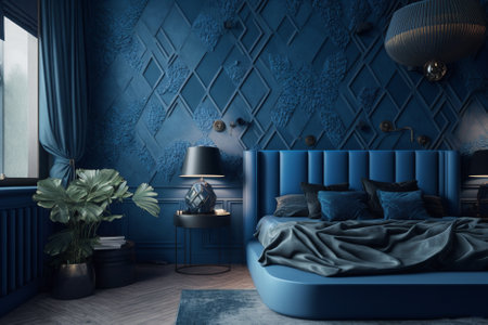 Blue bedroom interior with a blue bed and a lamp. 3d rendering.の素材