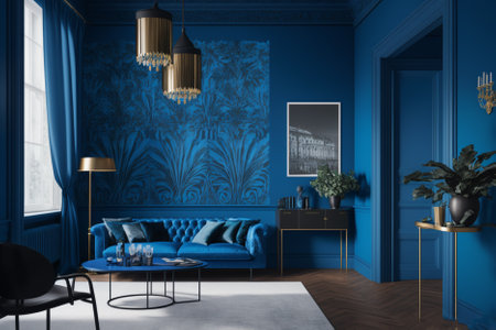 Blue living room interior with blue walls, a carpet on the floor, a blue sofa and a coffee table. 3d rendering mock upの素材