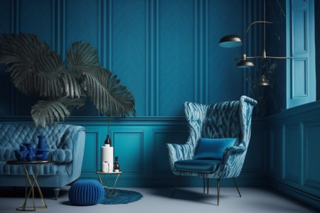 Classic blue living room interior with blue walls, blue armchair and coffee table. 3d renderingの素材