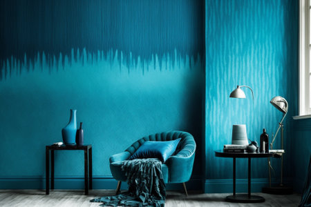 Blue living room interior with blue armchair and blue wall. 3d renderingの素材