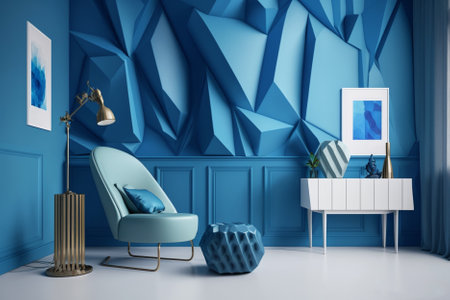 Blue living room interior with armchair and blue wall. 3d renderingの素材