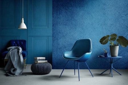 Blue living room with blue wall and blue armchair. 3d renderingの素材