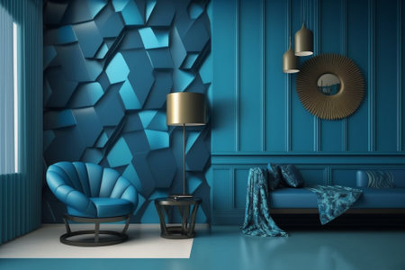 Interior of modern living room with blue wall, 3d renderの素材