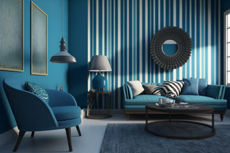 Blue living room with blue walls, blue sofa and round mirror - 3d renderingの素材