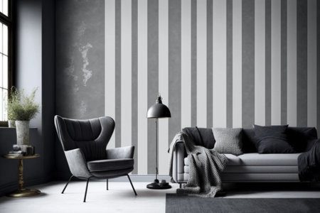 Interior of modern living room with gray sofa and armchair 3D renderingの素材