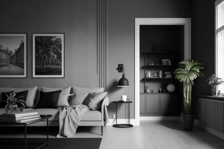 living room interior design. 3d render illustration. wall mockup.の素材