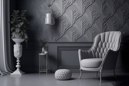 Interior of modern living room with gray walls, concrete floor, armchair and coffee table. 3d renderingの素材