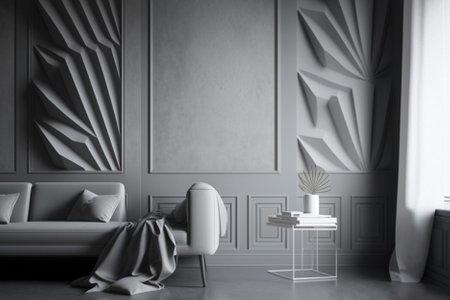 Interior of living room with white walls, concrete floor, gray sofa and armchair. 3d renderingの素材