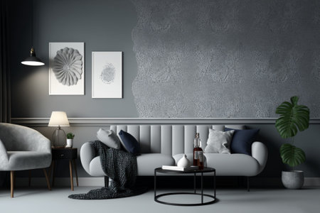 Interior of modern living room with gray sofa, coffee table and posters. 3d renderingの素材