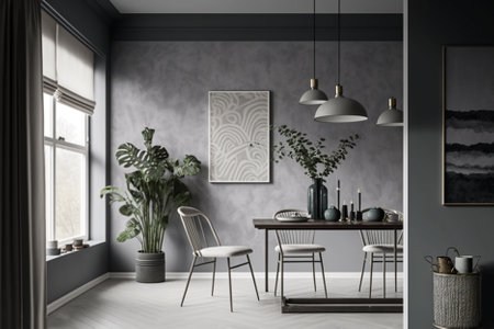 Interior of modern dining room with gray walls, wooden floor, round table with chairs and potted plant. 3d renderingの素材