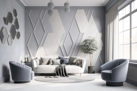 Interior of modern living room with white walls, white floor, blue sofa and armchair. 3d renderingの素材