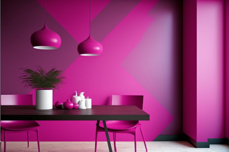 Interior of modern dining room with pink walls, wooden floor, purple table and chairs. 3d renderingの素材