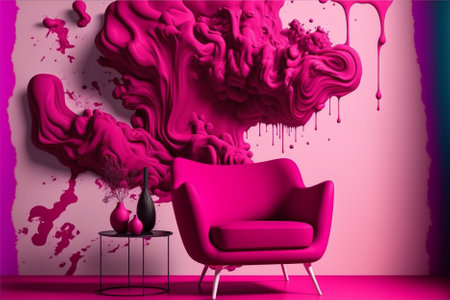 Pink armchair and vase with purple paint splashing on wallの素材