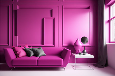 Pink living room interior with pink walls, purple sofa and armchair. 3d renderingの素材
