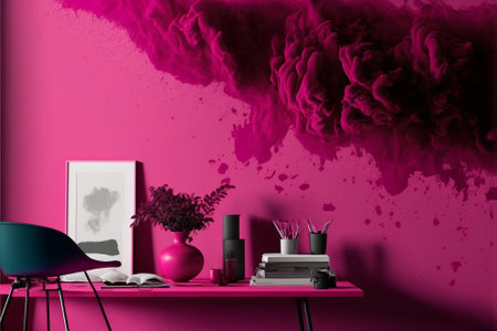 Interior of modern living room with pink walls, concrete floor, pink computer desk with blue armchair and vase with flowers. 3d renderingの素材
