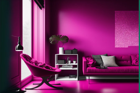 Interior of modern living room with pink walls, concrete floor, purple sofa and coffee table. 3d renderingの素材