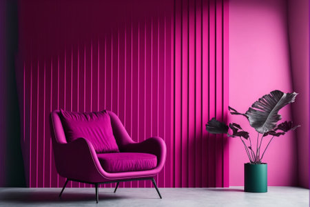 Interior of modern living room with pink walls, concrete floor, purple armchair and plant. 3d renderingの素材