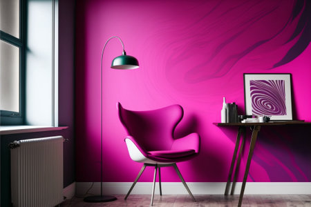 Interior of modern living room with pink walls, concrete floor, purple armchair and round coffee table. 3d renderingの素材