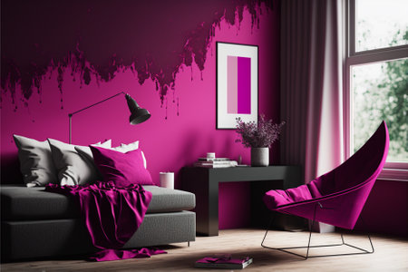 Interior of modern living room with purple walls, wooden floor, purple sofa and pink armchair. 3d renderingの素材