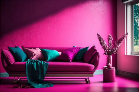 interior with pink wall and purple sofa, 3d render illustrationの素材