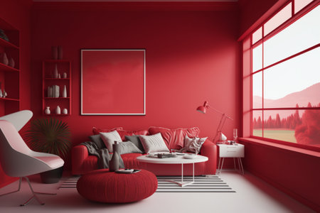 Red living room interior with a red sofa, a coffee table and a coffee table. 3d rendering mock upの素材