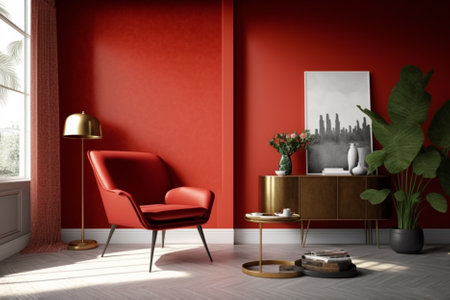 Red living room interior with red armchair and coffee table. 3d renderingの素材