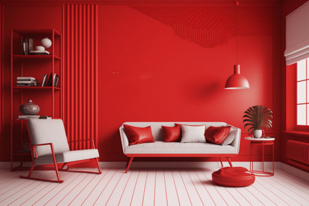 Modern living room interior with red walls, carpet on the floor, red sofa and armchair. 3d renderingの素材