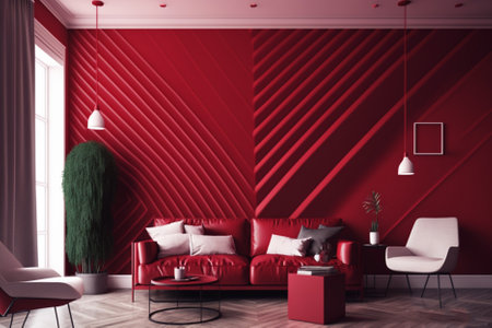 Red living room interior with red walls, wooden floor, red sofa and armchairs. 3d renderingの素材