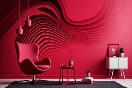 Interior of modern living room with red wall, 3d renderの素材