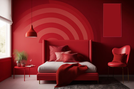 Interior of modern bedroom with red walls, concrete floor, red master bed with red cushions and red armchair. 3d renderingの素材