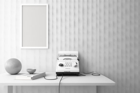 Modern office workplace with blank poster on wall. Mockup, 3D Renderingの素材