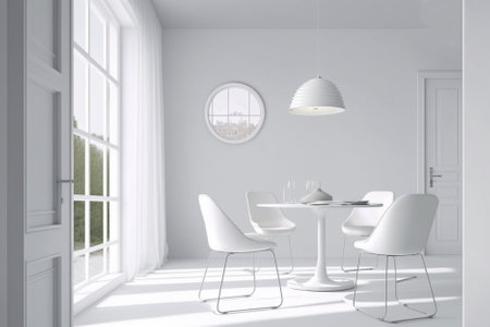 Interior of modern dining room with white walls, concrete floor, round table with white chairs and window. 3d renderingの素材