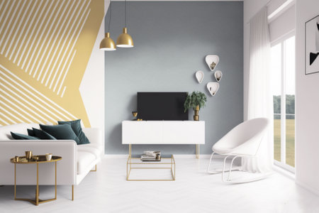 Interior of modern living room with gray walls, white sofa, white coffee table and armchair. 3d renderingの素材