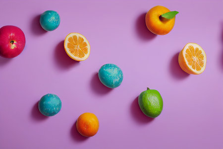 Colorful easter eggs and citrus fruits on pink background. top viewの写真素材