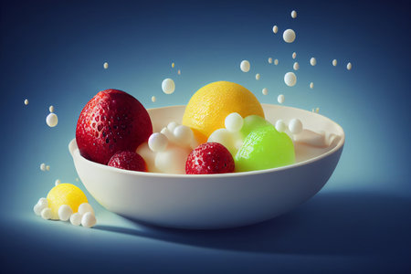 Fruit salad in a white bowl with splashes of milk on blue backgroundの写真素材