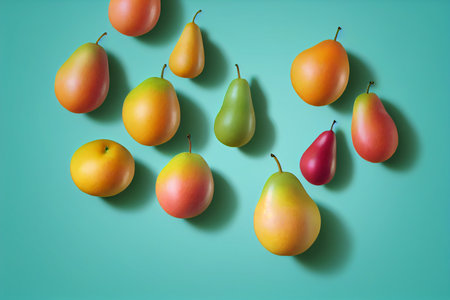 Colorful ripe pears on a green background. flat lay.の写真素材
