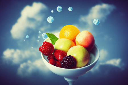 Fruit bowl with flying fruits on the background of cloudy sky.の写真素材