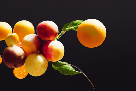 Fresh apricots and plums on a black background with water dropsの写真素材