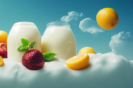 Milk and fruits on blue sky background. Healthy food concept.の写真素材