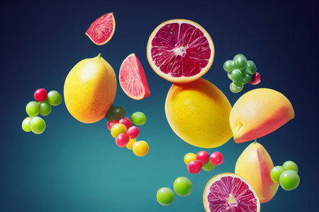 Falling fruits on blue background. Grapefruit, orange, grapefruit, lemon, grapefruit, tangerineの写真素材