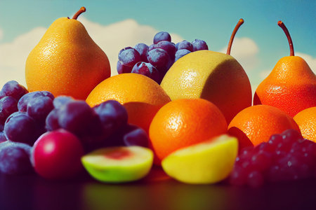 Fruits on a blue sky background. Orange, grape, pear.の写真素材