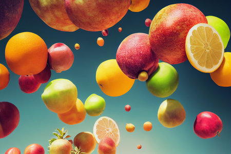 falling fruits. Colorful fruits levitating in the air.の写真素材
