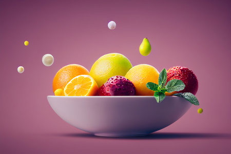 Fruit in a bowl on a pink background. 3d renderingの写真素材