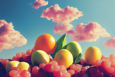 Fruits and berries in the sky background.Vintage style.の写真素材
