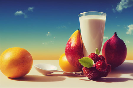 A glass of milk with fresh fruits and berries on the table.の写真素材