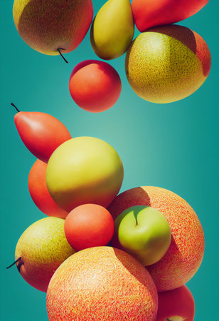 Fruit floating in the air on a turquoise background.の写真素材