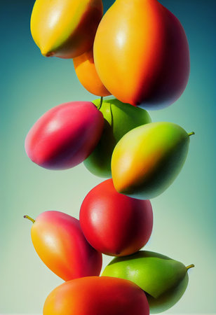 Colorful fresh cherry tomatoes flying in the air. toned.の写真素材