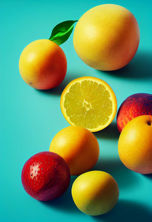 Fruit background with apricots and oranges on a blue backgroundの写真素材