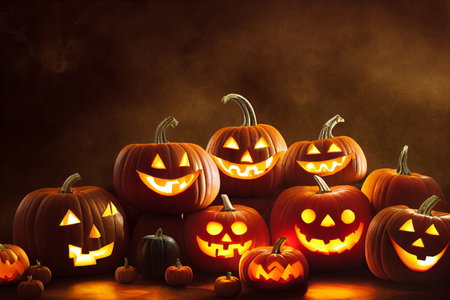 Halloween pumpkins on dark background with copy space. 3D illustrationの素材