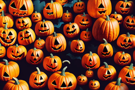 Halloween pumpkins with scary faces on dark background. halloween backgroundの素材